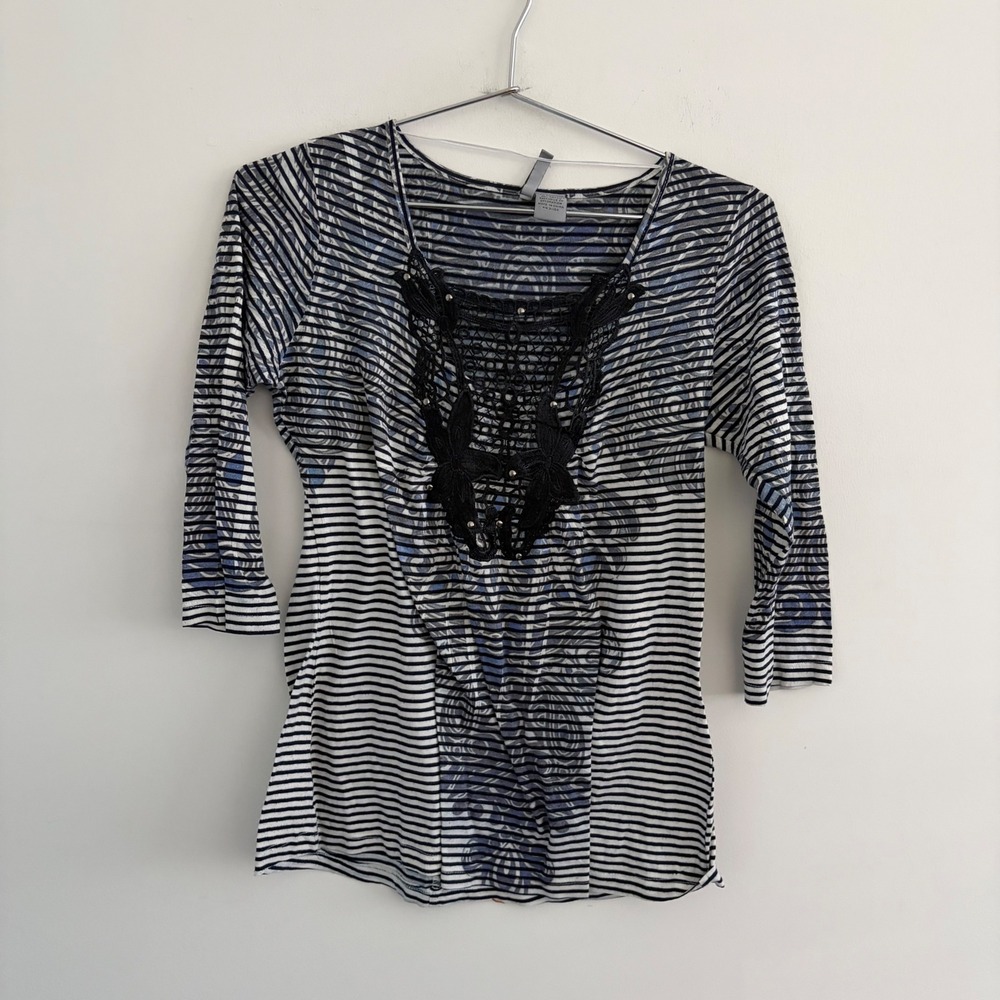 New Directions Weekend Blue Striped Crochet Lace Accent 3/4 Sleeve Top Small